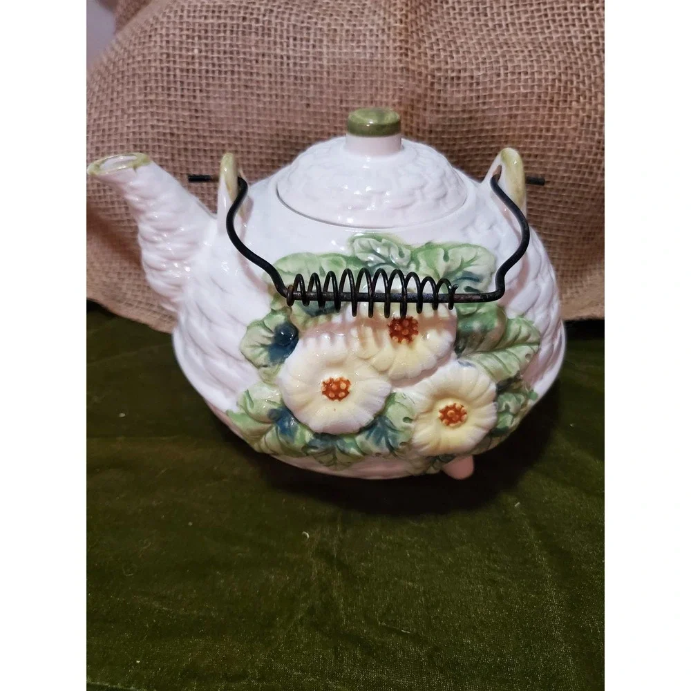 Floral Teapot Ceramic‎ White Kitchen Decor Tea Party Cottagecore Accent Teapot